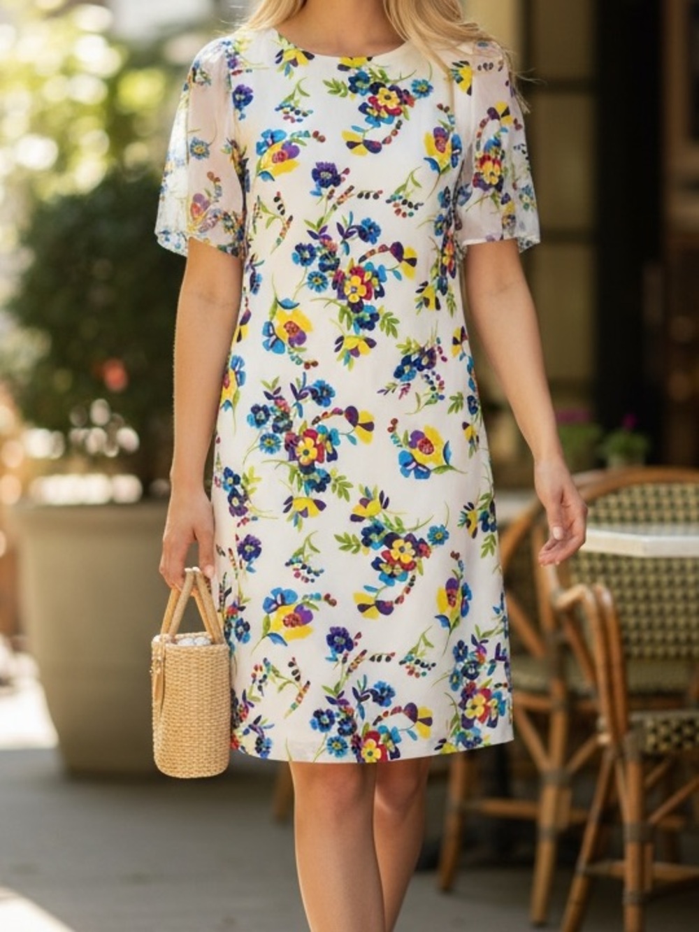 Karl Lagerfeld White Floral Midi Dress with Blue & Yellow Accents size 8